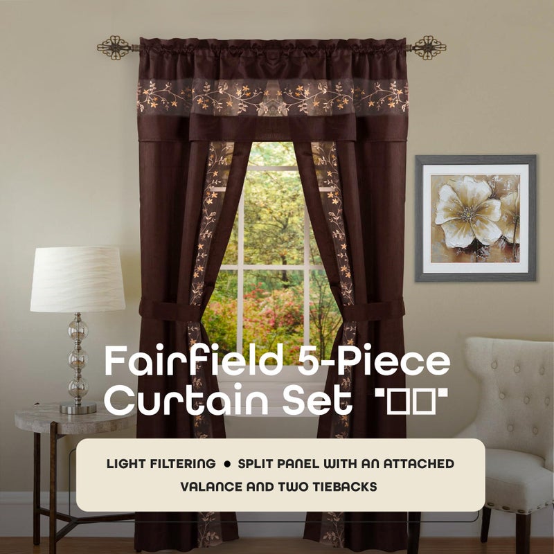 ACHIM Light-Filtering Window Curtain Set - 55 Inch Width, 63 Inch Length - Fairfield Window in a Bag 5 Piece Set (Chocolate) - Window Treatment Include Valance, Tiebacks & Split Panels Home Decor - Image 2